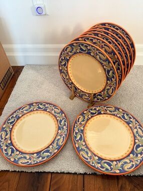 Set of 8 Pfaltzgraff Villa della Luna 11" Dinner Plates Blue Terra Cotta